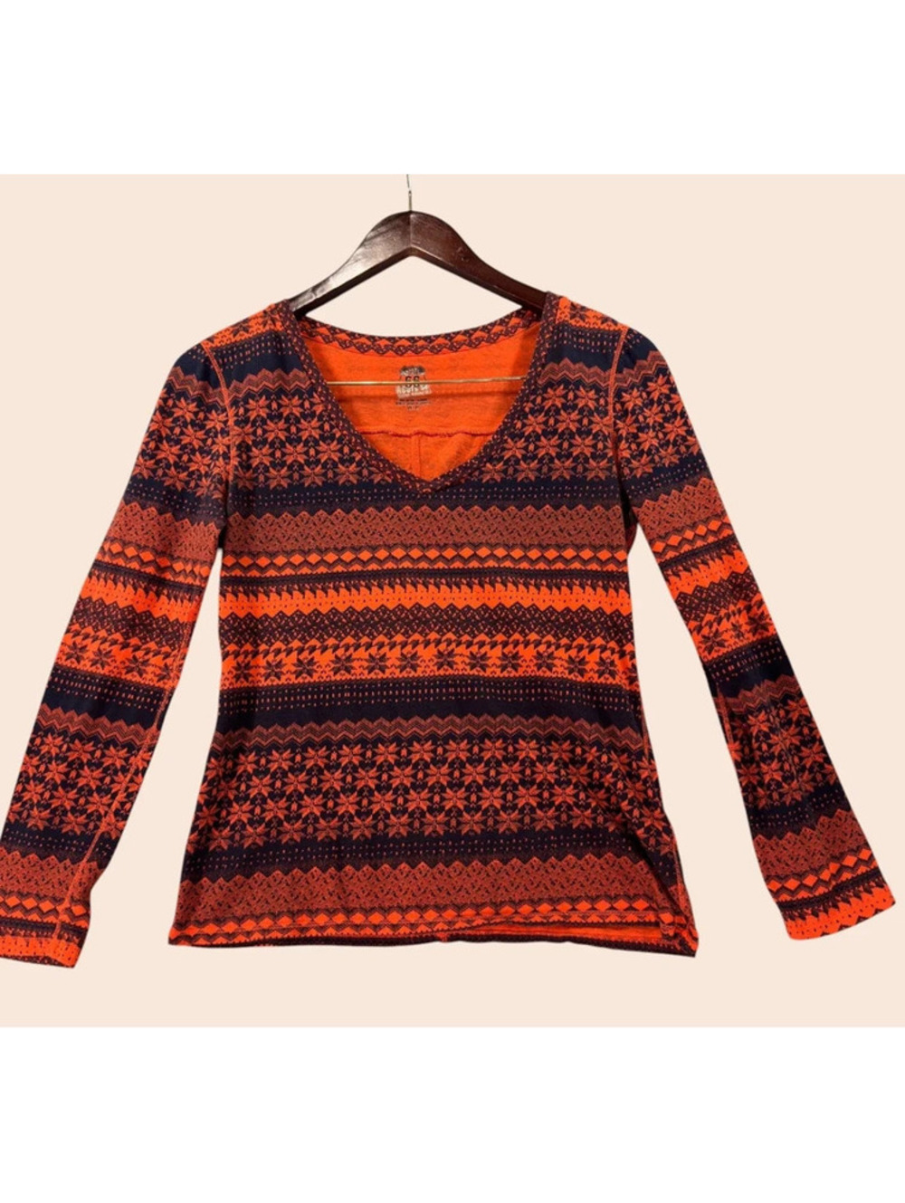 Route 66 XS Orange Navy Fair Isle Long Sleeve Top C0046